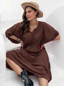 Rusttydustty Đầm Plus Size Dây kéo Nút phía trước màu trơn Giải trí - Cà phê nâu - Xem 5