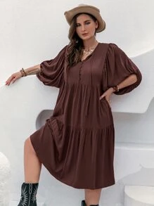 Rusttydustty Đầm Plus Size Dây kéo Nút phía trước màu trơn Giải trí - Cà phê nâu - Xem 6
