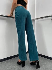 High Waist Fold Pleated Corduroy Flare Leg Trousers - Teal Blue - View 2