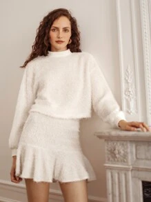 SHEIN Frenchy Mock Neck Lantern Sleeve Top & Ruffle Hem Skirt Set - White - View 2