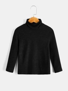 SHEIN Young Boy Solid Color Turtleneck Long Sleeve T-Shirt - Black - View 1