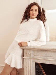 SHEIN Frenchy Mock Neck Lantern Sleeve Top & Ruffle Hem Skirt Set - White - View 6