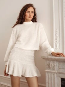 SHEIN Frenchy Mock Neck Lantern Sleeve Top & Ruffle Hem Skirt Set - White - View 7