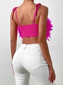 Allurite Fuzzy Trim Tie Shoulder Cami Top - Hot Pink - View 2
