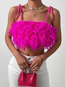 Allurite Fuzzy Trim Tie Shoulder Cami Top - Hot Pink - View 5