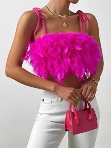 Allurite Fuzzy Trim Tie Shoulder Cami Top - Hot Pink - View 6
