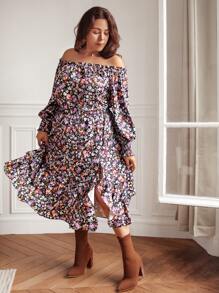 SHEIN VCAY Plus Allover Floral Print Off Shoulder Top & Ruffle Hem Skirt - Multicolor - View 3