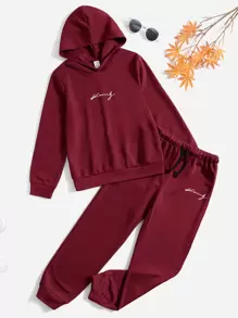SHEIN Cậu bé Tween Đồ họa Chữ cái Áo Hoodie & Quần thể thao - Màu Tím - Xem 1