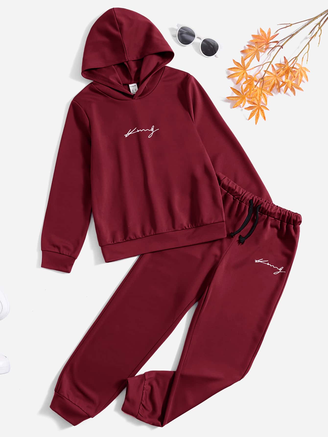 SHEIN Cậu bé Tween Đồ họa Chữ cái Áo Hoodie & Quần thể thao - Màu Tím - Xem 1