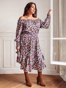 SHEIN VCAY Plus Allover Floral Print Off Shoulder Top & Ruffle Hem Skirt - Multicolor - View 4