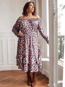 SHEIN VCAY Plus Allover Floral Print Off Shoulder Top & Ruffle Hem Skirt - Multicolor - View 5