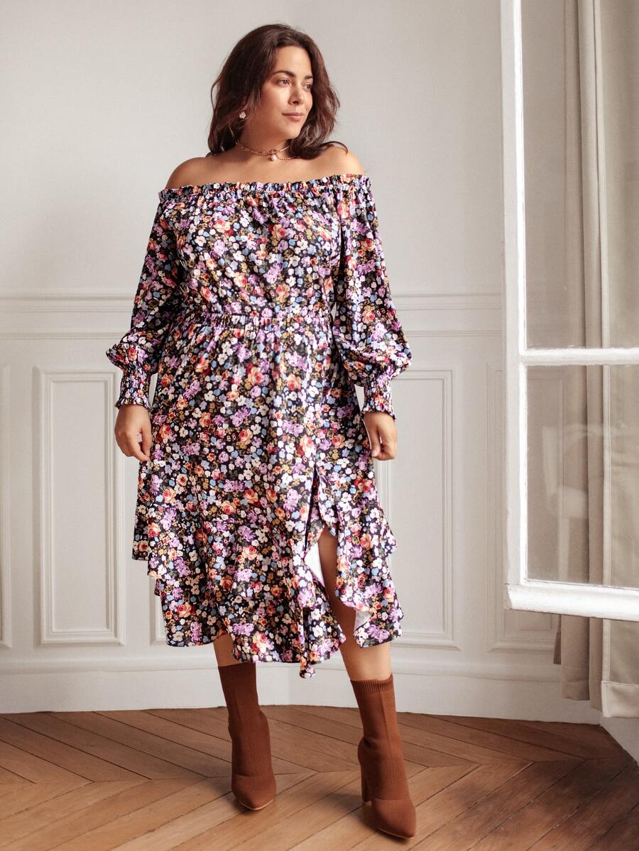 SHEIN VCAY Plus Allover Floral Print Off Shoulder Top & Ruffle Hem Skirt - Multicolor - View 1