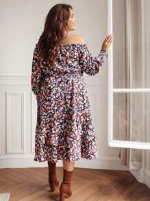 SHEIN VCAY Plus Allover Floral Print Off Shoulder Top & Ruffle Hem Skirt - Multicolor - View 6