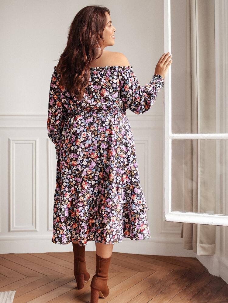 SHEIN VCAY 大碼滿版印花露肩上衣和荷葉邊半身裙 - 彩色 - 查看 6