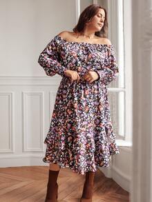 SHEIN VCAY Plus Allover Floral Print Off Shoulder Top & Ruffle Hem Skirt - Multicolor - View 7