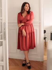 大碼燈籠袖荷葉邊連衣裙 - 紅木色 - 查看 4