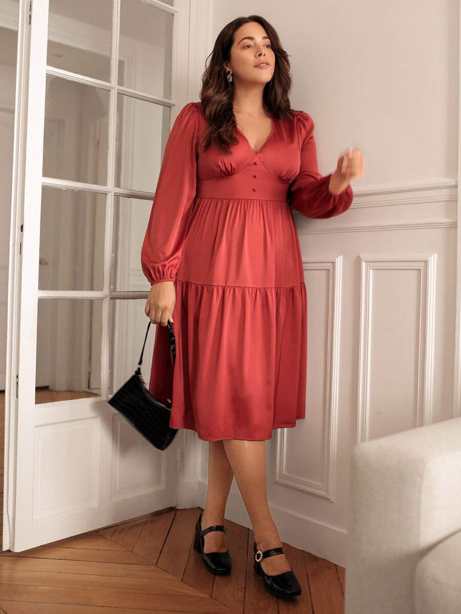 大碼燈籠袖荷葉邊連衣裙 - 紅木色 - 查看 1