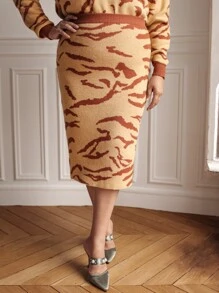 SHEIN Unity Plus Graphic Pattern Slit Hem Knit Skirt - Multicolor - View 3