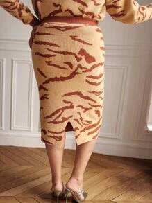 SHEIN Unity Plus Graphic Pattern Slit Hem Knit Skirt - Multicolor - View 7