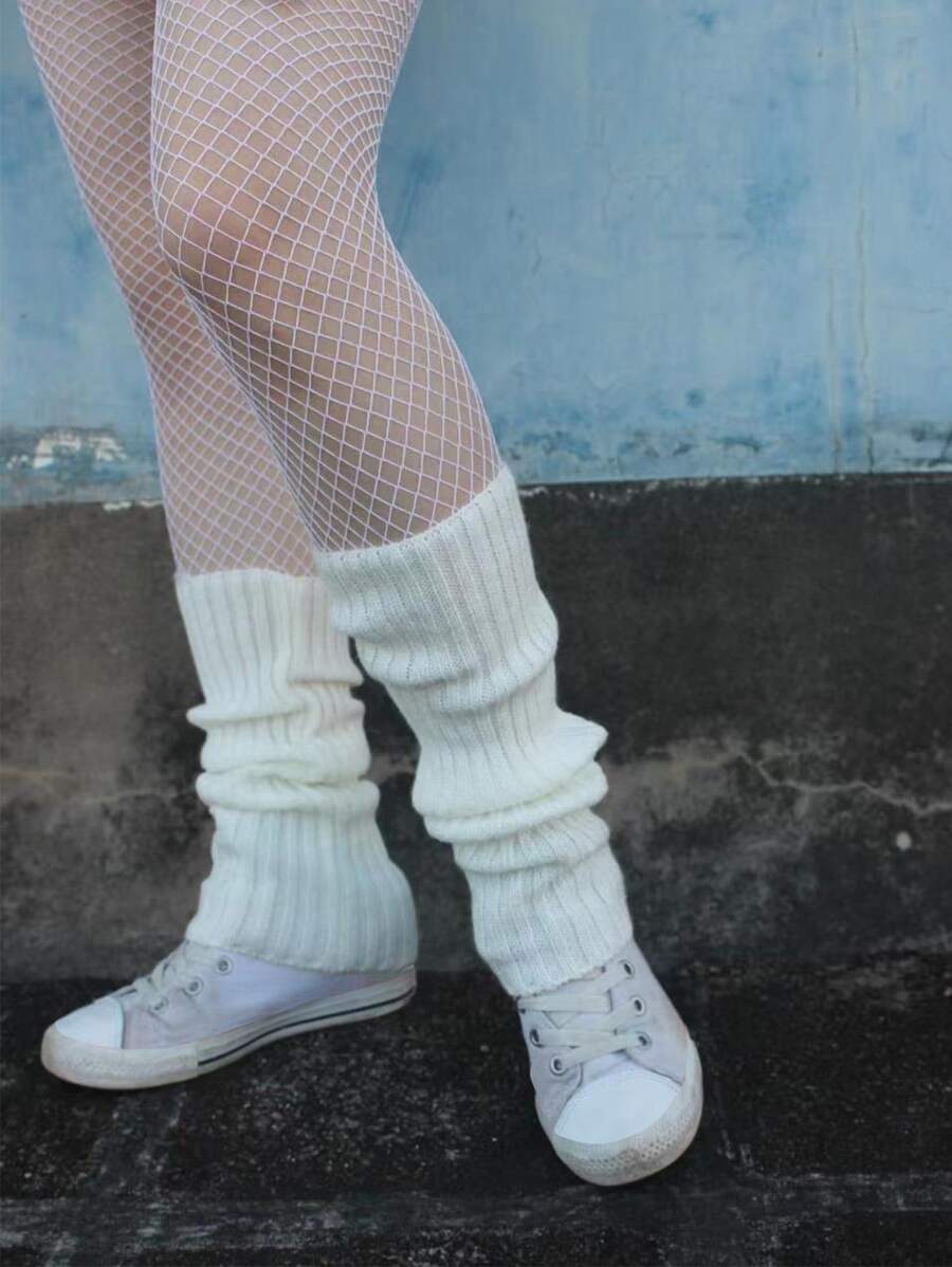 1pair Solid Leg Warmers & 1pair Fishnet Tights - White - View 1