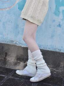 1pair Solid Leg Warmers & 1pair Fishnet Tights - White - View 2