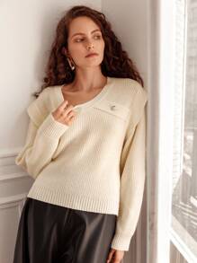 SHEIN Frenchy Button Detail Ribbed Knit Jumper - Apricot - View 2