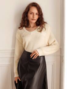 SHEIN Frenchy Button Detail Ribbed Knit Jumper - Apricot - View 1