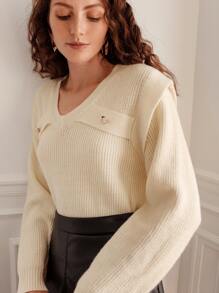 SHEIN Frenchy Button Detail Ribbed Knit Jumper - Apricot - View 5