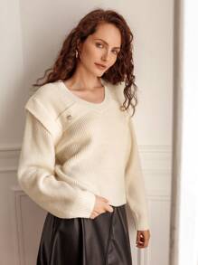 SHEIN Frenchy Button Detail Ribbed Knit Jumper - Apricot - View 7