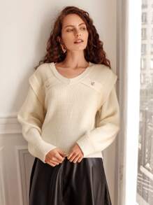 SHEIN Frenchy Button Detail Ribbed Knit Jumper - Apricot - View 8