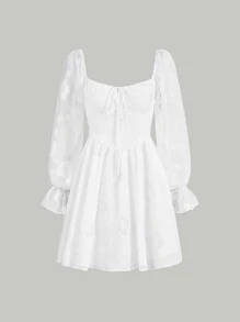 SHEIN MOD Jacquard Tie Front Flounce Sleeve Dress - White - View 1