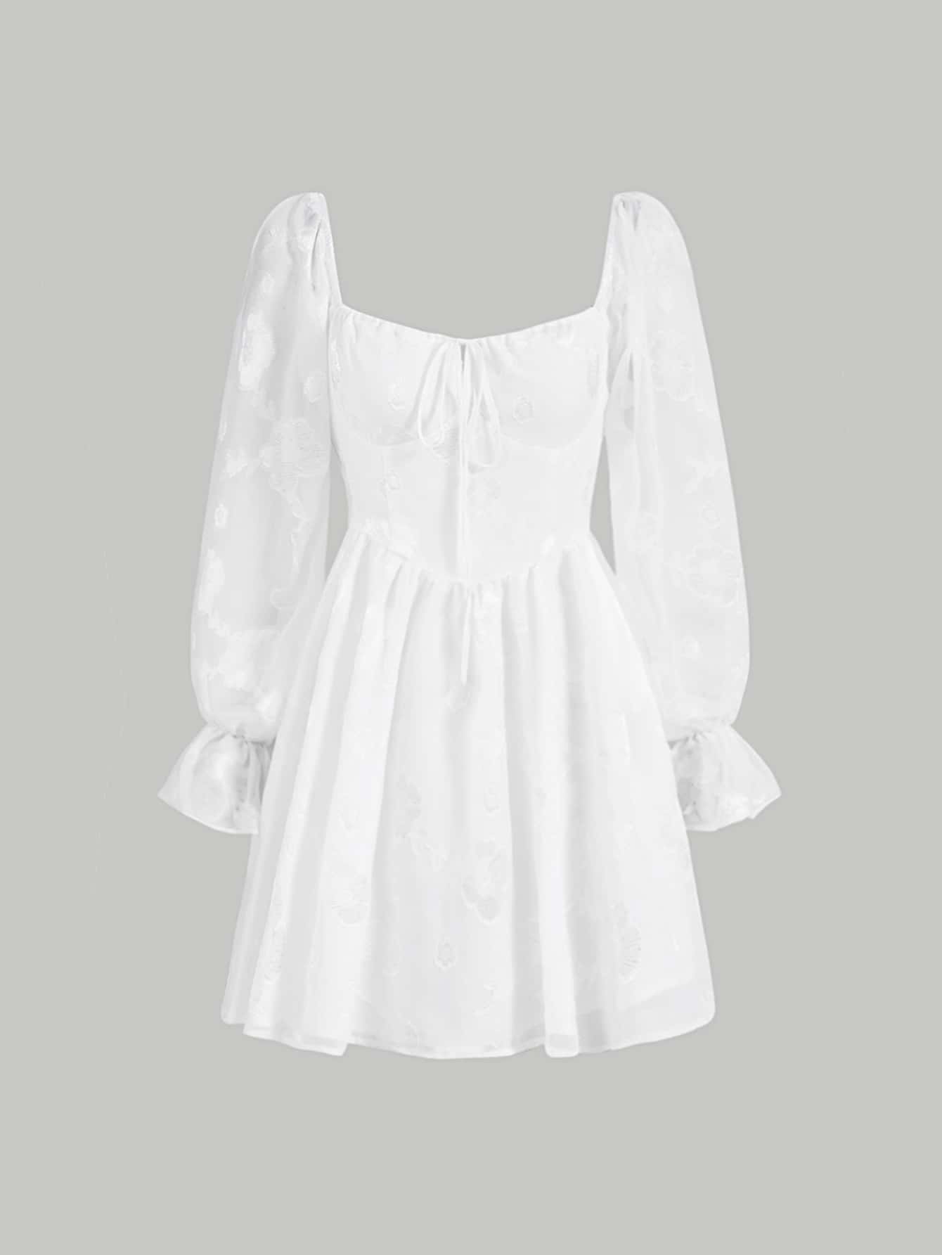 SHEIN MOD Jacquard Tie Front Flounce Sleeve Dress - White - View 1