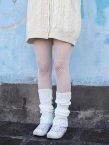 1pair Solid Leg Warmers & 1pair Fishnet Tights - White - View 3