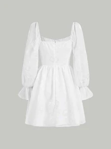 SHEIN MOD Jacquard Tie Front Flounce Sleeve Dress - White - View 5