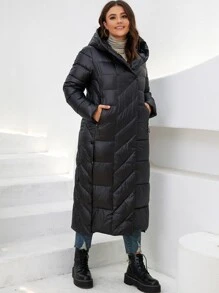 HaiLuoZi Plus Slant Pockets Hooded Padded Coat - Black - View 1