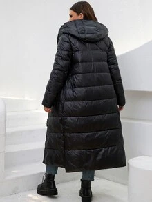 HaiLuoZi Plus Slant Pockets Hooded Padded Coat - Black - View 2