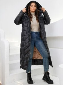 HaiLuoZi Plus Slant Pockets Hooded Padded Coat - Black - View 5