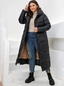 HaiLuoZi Plus Slant Pockets Hooded Padded Coat - Black - View 3