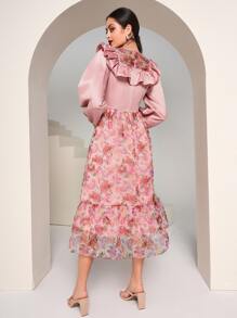 Modelyn Floral Print Ruffle Trim Bishop Sleeve Dress - Multicolor - View 2