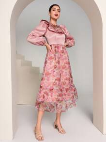 Modelyn Floral Print Ruffle Trim Bishop Sleeve Dress - Multicolor - View 3