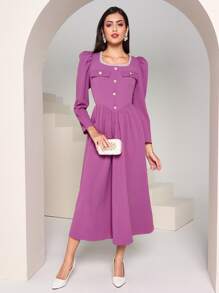 Modelyn Contrast Tape Trim Puff Sleeve Dress - Lilac Purple - View 1