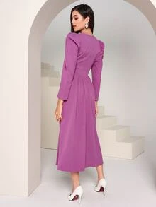 Modelyn Contrast Tape Trim Puff Sleeve Dress - Lilac Purple - View 2