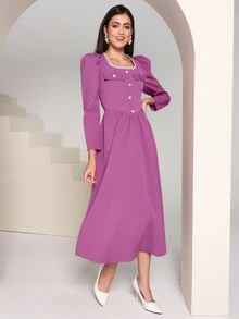 Modelyn Contrast Tape Trim Puff Sleeve Dress - Lilac Purple - View 3