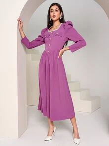 Modelyn Contrast Tape Trim Puff Sleeve Dress - Lilac Purple - View 4