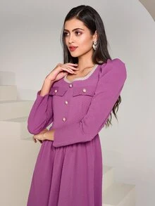 Modelyn Contrast Tape Trim Puff Sleeve Dress - Lilac Purple - View 5