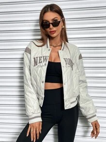 SHEIN Unity Cazadora de universidad con bordado de letra ribete de rayas guateado - Beis - Ver 1