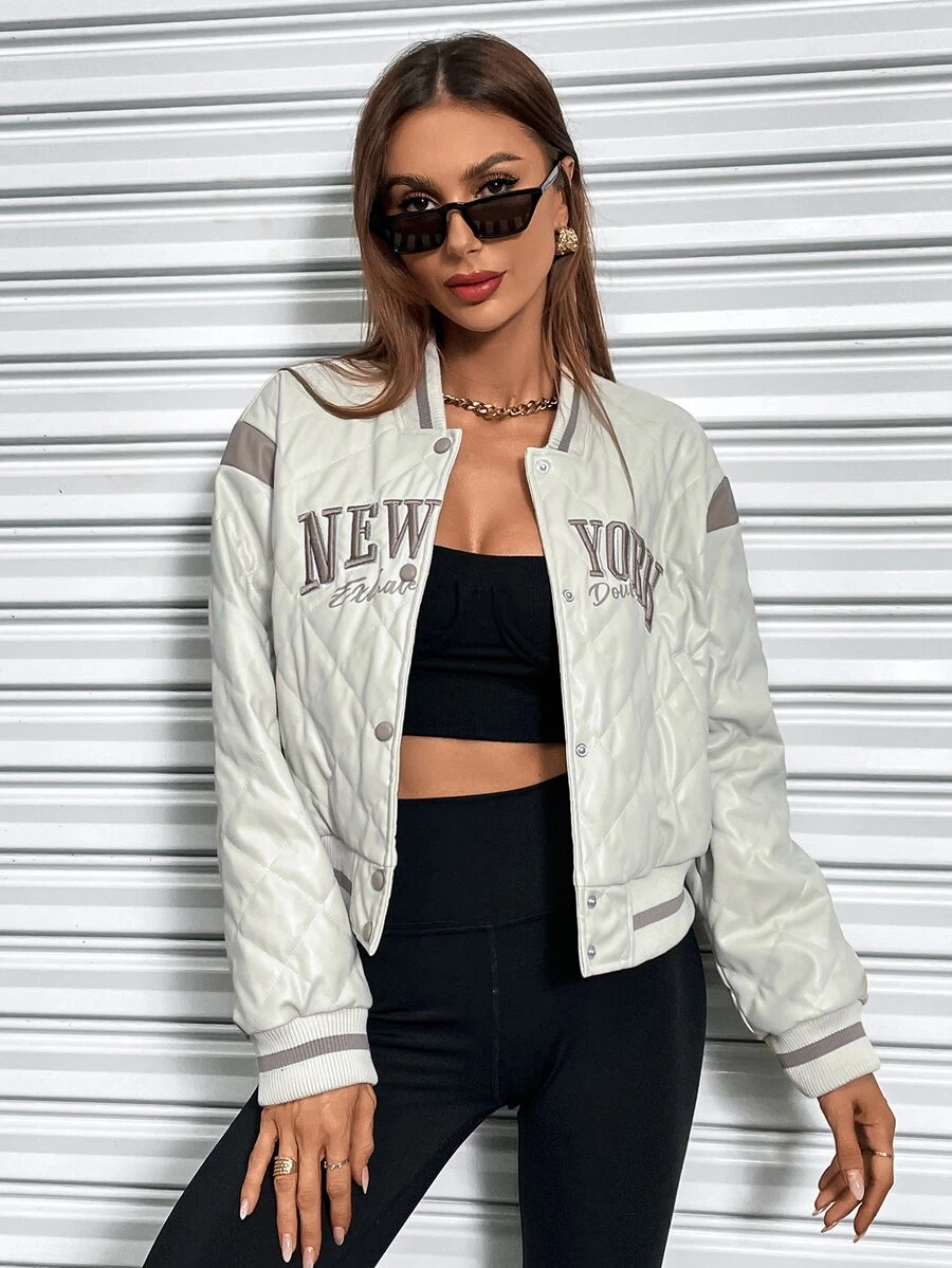 SHEIN Unity Cazadora de universidad con bordado de letra ribete de rayas guateado - Beis - Ver 1