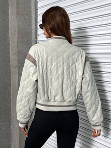 SHEIN Unity Cazadora de universidad con bordado de letra ribete de rayas guateado - Beis - Ver 2