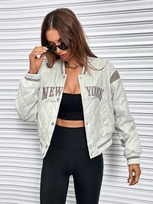 SHEIN Unity Cazadora de universidad con bordado de letra ribete de rayas guateado - Beis - Ver 3