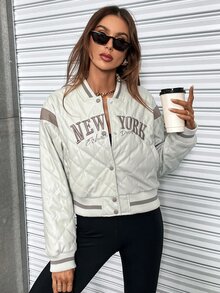 SHEIN Unity Cazadora de universidad con bordado de letra ribete de rayas guateado - Beis - Ver 6